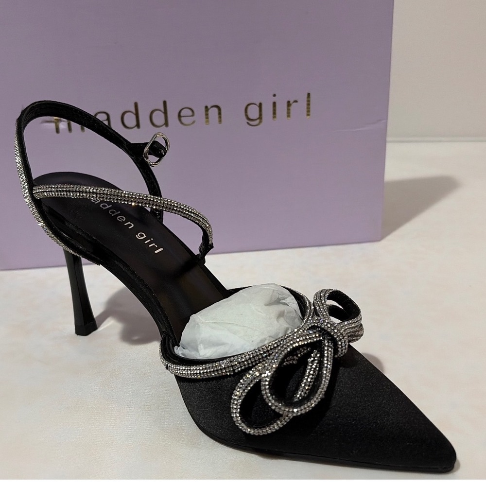 Madden Girl Dreamy Black Satin Rhinestone Bow Slingback Heels Womens 7 NEW